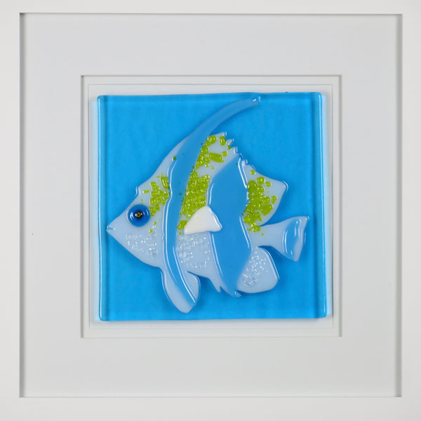 This white angel fish with turquoise and yellow accents has a dichroic glass eye that sparkles in the light. It is on a turquoise glass background and  it in a 10 x 10 double-matted white frame. It is for pickup only in Toronto and cannot be shipped. It costs $145.