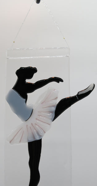 glass fusion ballerina, arabesque position,10"x4", close up of wire